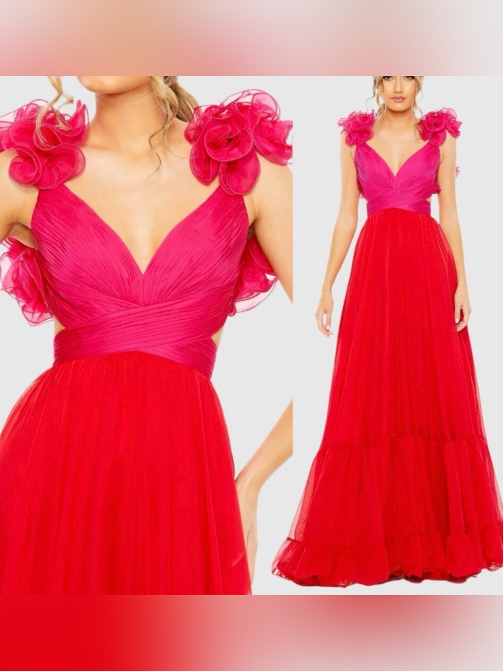 Mac Duggal 68522 Red Pink Chiffon Gown Size 12 $598 A Line Corset Kace Up Back